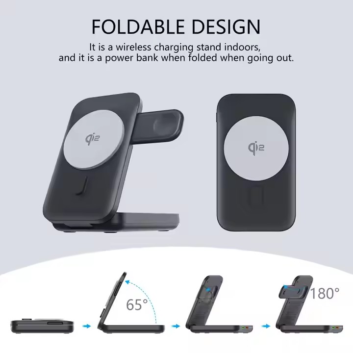 10000mAh Qi2 15W Foldable 20W PD Magnetic Battery Stand 3 in 1 Wireless Charging Power Bank for iPhone and Apple Watch