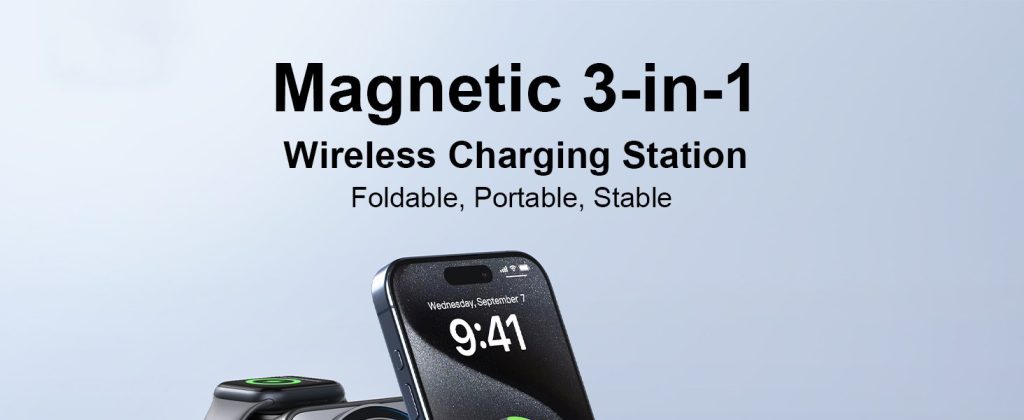 2024 New 15W 3-in-1 Foldable Phone Stand Fast PD Qi QC3.0 Aluminum Portable Magnetic Wireless Charger Over-Charging Travel