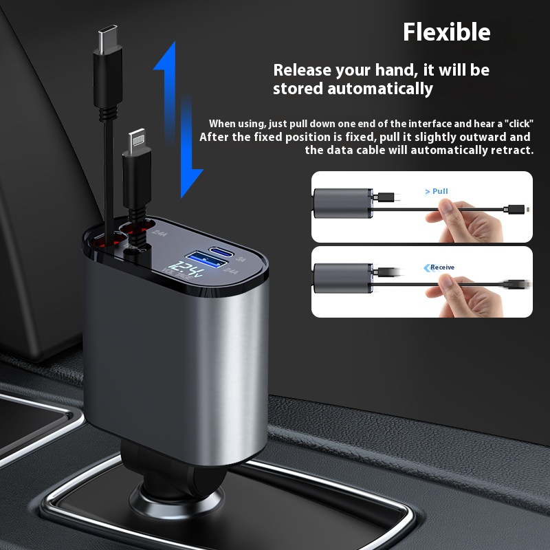 Retractable Cable and 2 USB Ports Car Charger Adapter 4 in 1 Fast Car Phone Charger 100W Retractable Car Charger