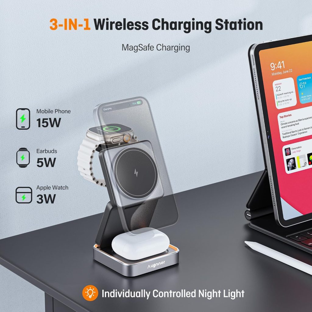 Magnetic Wireless Charger Stand, 3 in 1 Foldable Wireless Charging Station