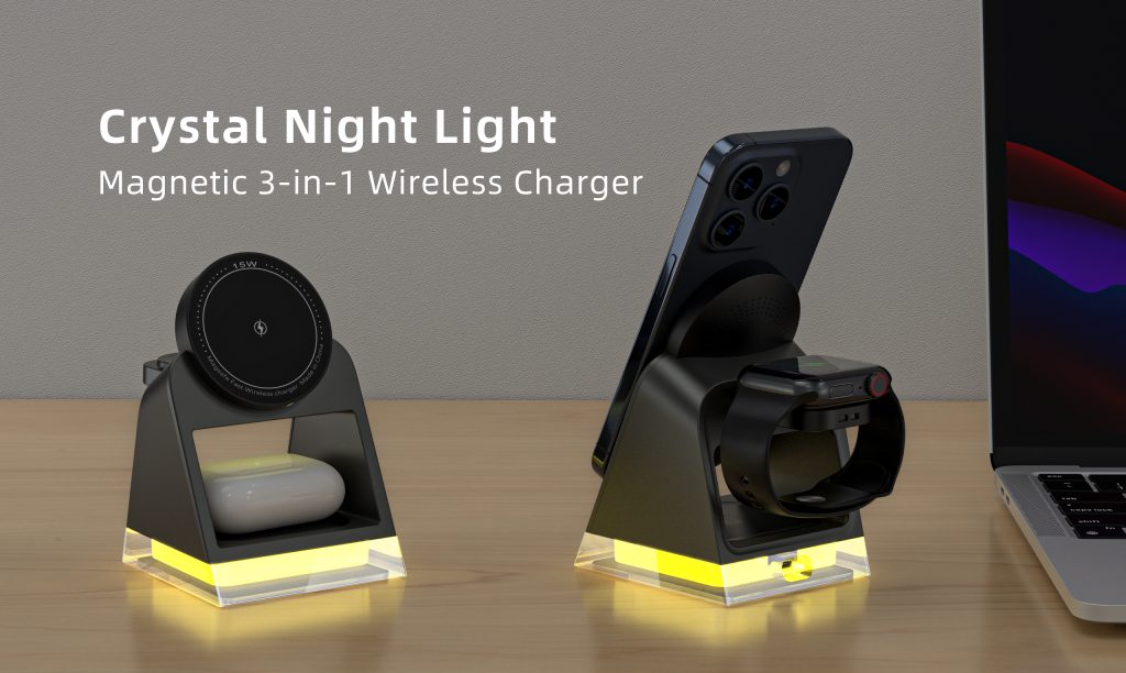 Desktop stand charger wireless magnetic touch crystal light 3-in-1 fast charger for iPhone